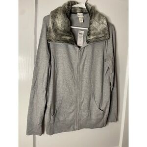 Zenergy by Chico's Gray Faux Fur Collar Full Zip Penny Lane Sweater Winter large